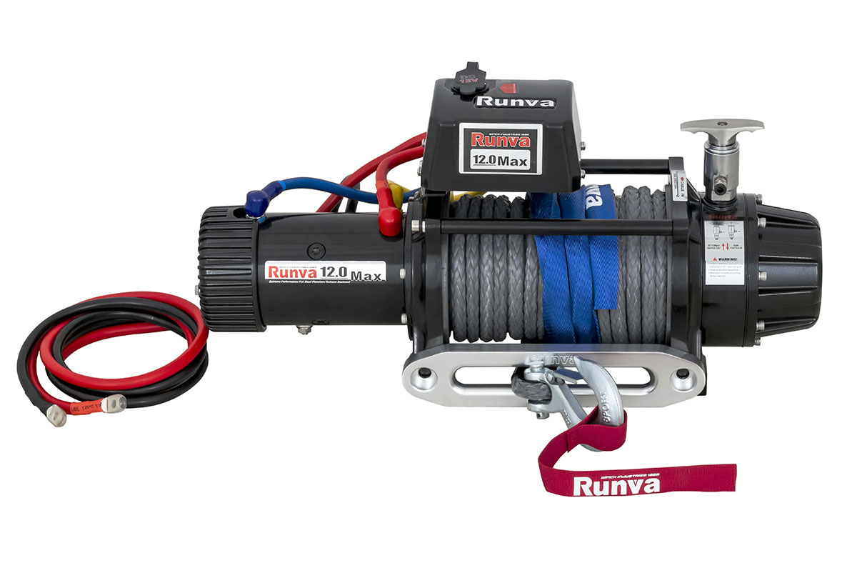 Лебёдка автомобильная электрическая 12V Runva 12000 lbs 5443 кг влагозащищённая, комбинированный роспуск, синтетический трос EWB12000FSSRMAC