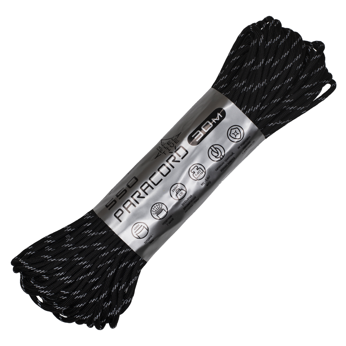 Паракорд 550 CORD nylon 30м световозвращающий (black)  550.N30.LM.B