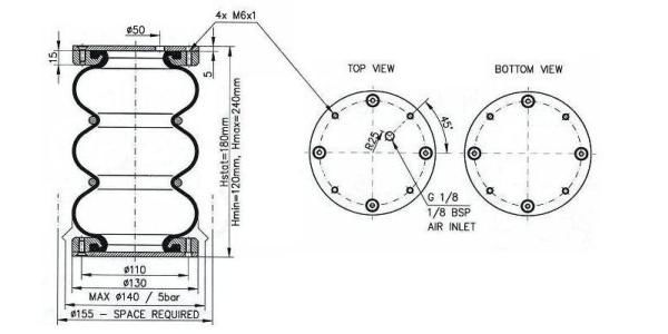 Пневмоподушка Rubena 130x3 разборная  165105