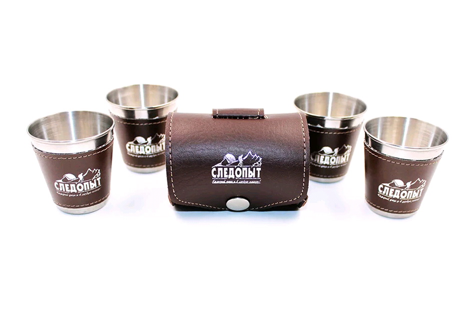 Набор стопок «СЛЕДОПЫТ» 4х60 мл, в кожаной тубе, в дополнительном кожаном оплете  PF-CWS-P29SET