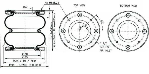 Пневмоподушка Rubena 170x2 разборная  821