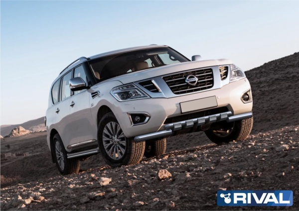 Защита переднего бампера d76+d57 с профильной защитой картера RIVAL Nissan Patrol 2014- R.4114.003
