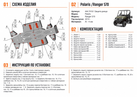 Схема и инструкция по установке: Комплект защит Polaris UTV Ranger 570 Rival 444.7418.1
