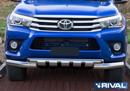 Защита переднего бампера d76+d57 с профильной защитой картера (кроме Exclusive) RIVAL Toyota Hilux 2015-  R.5716.003