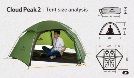 Палатка Naturehike Cloud Peak 20D Si 2-местная, алюминиевый каркас, зеленый NH17K240-Y-DGR