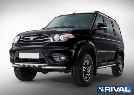 Защита переднего бампера d76+d57 с профильной защитой картера RIVAL UAZ Patriot 2014-2016- R.6302.003