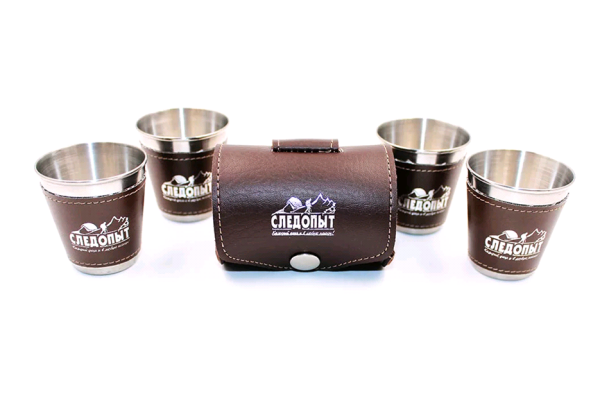 Набор стопок «СЛЕДОПЫТ» 4х60 мл, в кожаной тубе, в дополнительном кожаном оплете  PF-CWS-P29SET