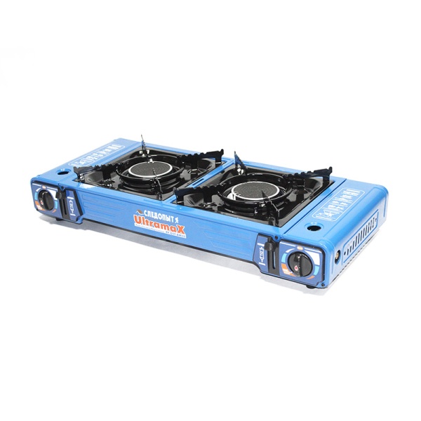 Плита газовая портативная СЛЕДОПЫТ- ULTRAMAX, двойная, керамическая, с переходником PF-GST-DM02