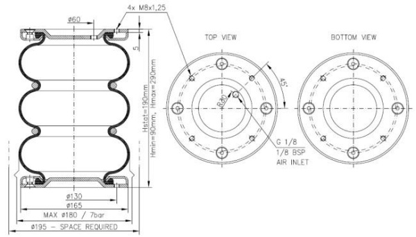 Пневмоподушка Rubena 170x3 разборная  822