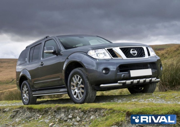 Защита переднего бампера d76+d57 с профильной защитой картера RIVAL Nissan Pathfinder 2010-2014  R.4105.016