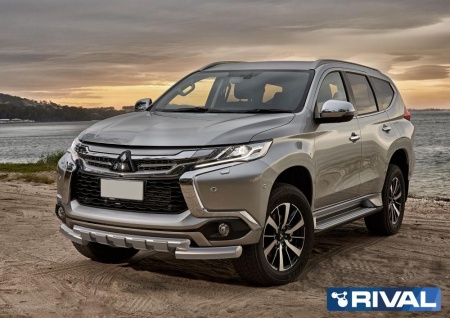 Защита переднего бампера d76+d57 с профильной защитой картера RIVAL Mitsubishi Pajero Sport 2016-  R.4012.004
