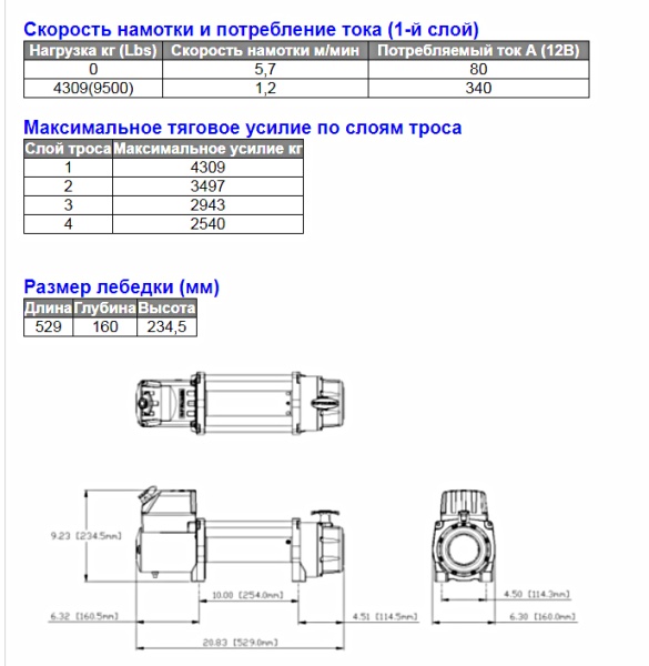 Лебедка Tiger Shark 9500 электрическая 12В W0976