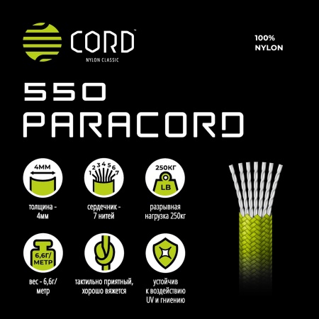 Паракорд 550 CORD nylon 10м (neon green snake)  550.N10.N.GR.SN